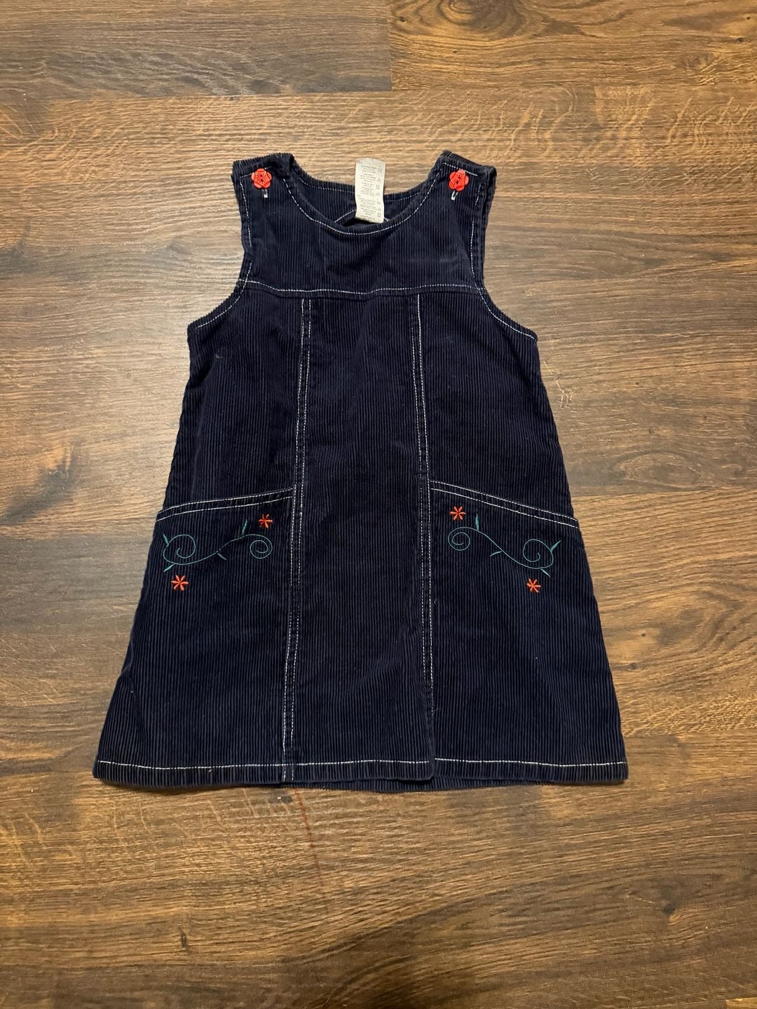 Vintage Healthtex Toddler Navy Blue Corduroy Jumper Dress Floral Embroidery 3T 2