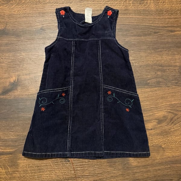 Vintage Healthtex Toddler Navy Blue Corduroy Jumper Dress Floral Embroidery 3T