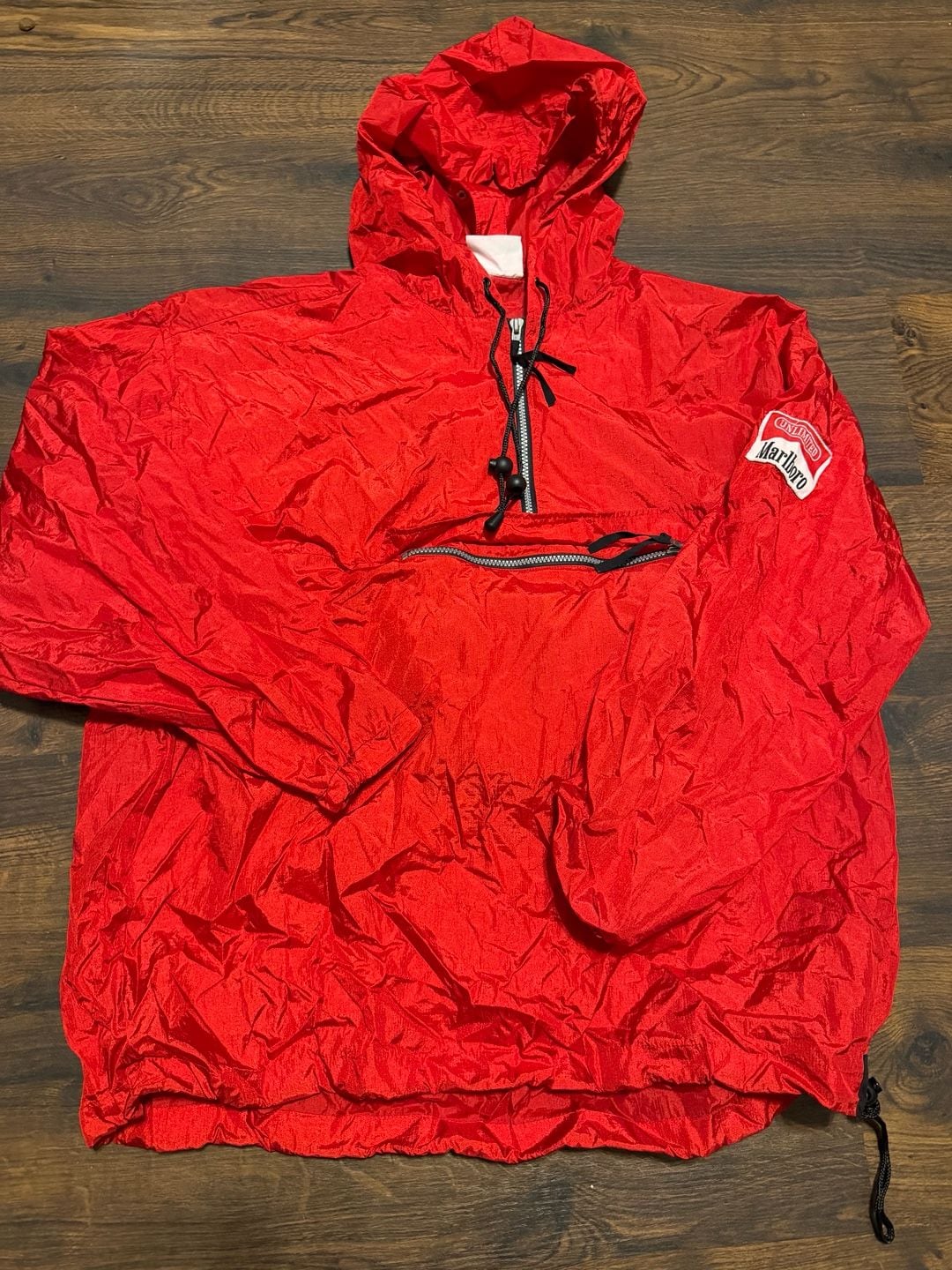 Vintage 90s Marlboro Unlimited Red Nylon 1/4 Zip Anorak Hooded Windbreaker Jacket Size L 2