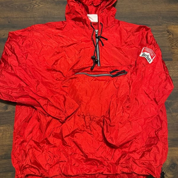 Vintage 90s Marlboro Unlimited Red Nylon 1/4 Zip Anorak Hooded Windbreaker Jacket Size L