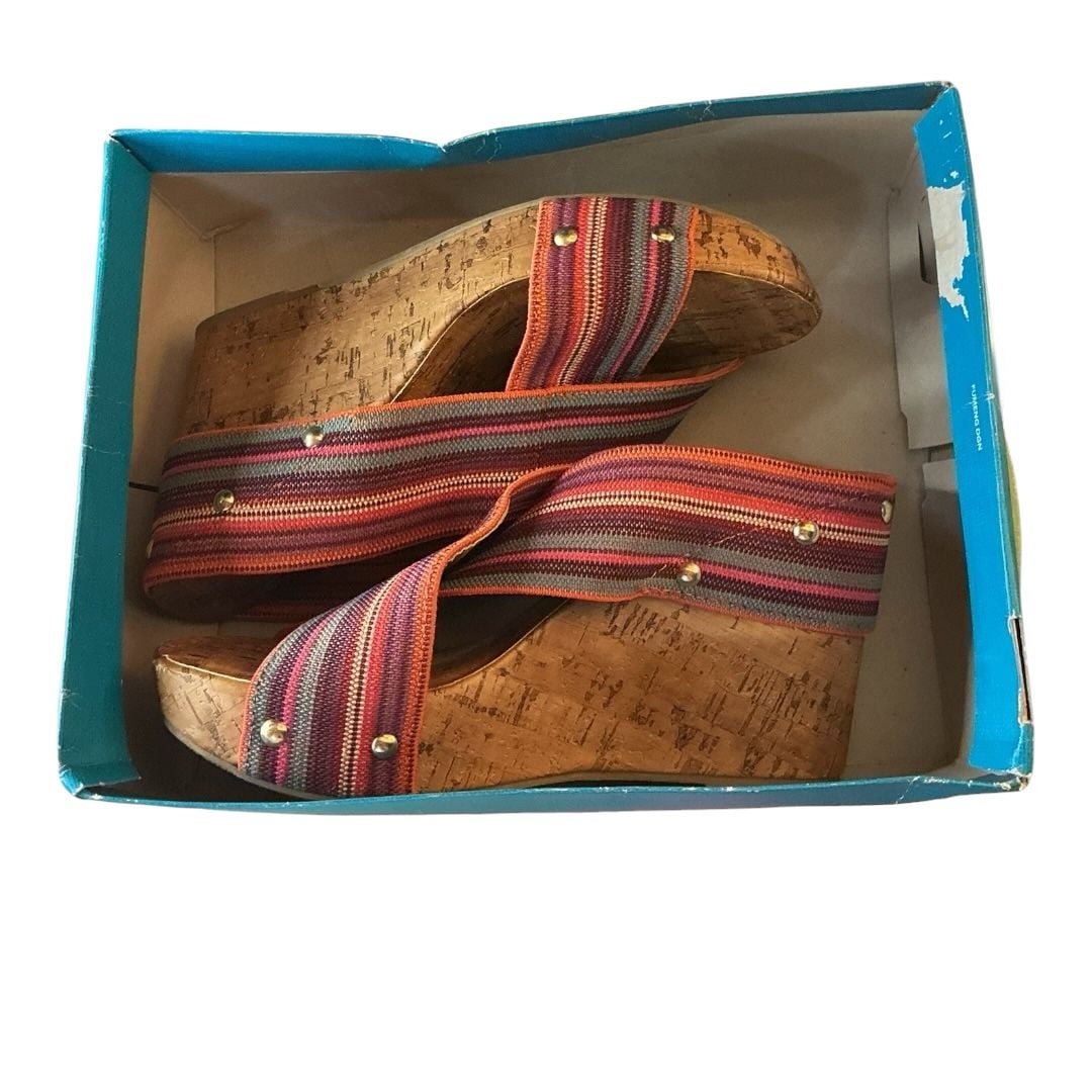 💟Montego Bay Club Tally Striped Elastic Wedge Cork Sandals. Size: 7.5 10