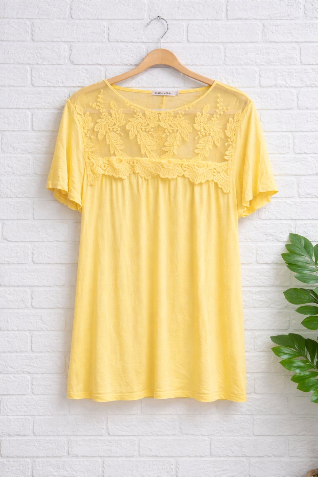 Culture Code Yellow Lace Mesh Yoke Short Sleeve Top 2