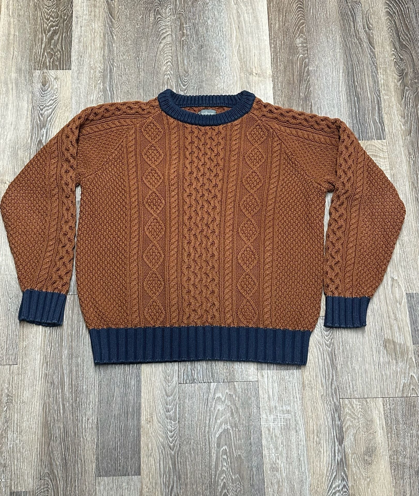L.L. Bean Signature Mens Large Rust Brown Cable Knit Colorblock Aran Sweater 2