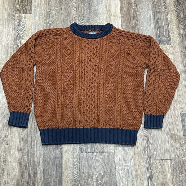 L.L. Bean Signature Mens Large Rust Brown Cable Knit Colorblock Aran Sweater