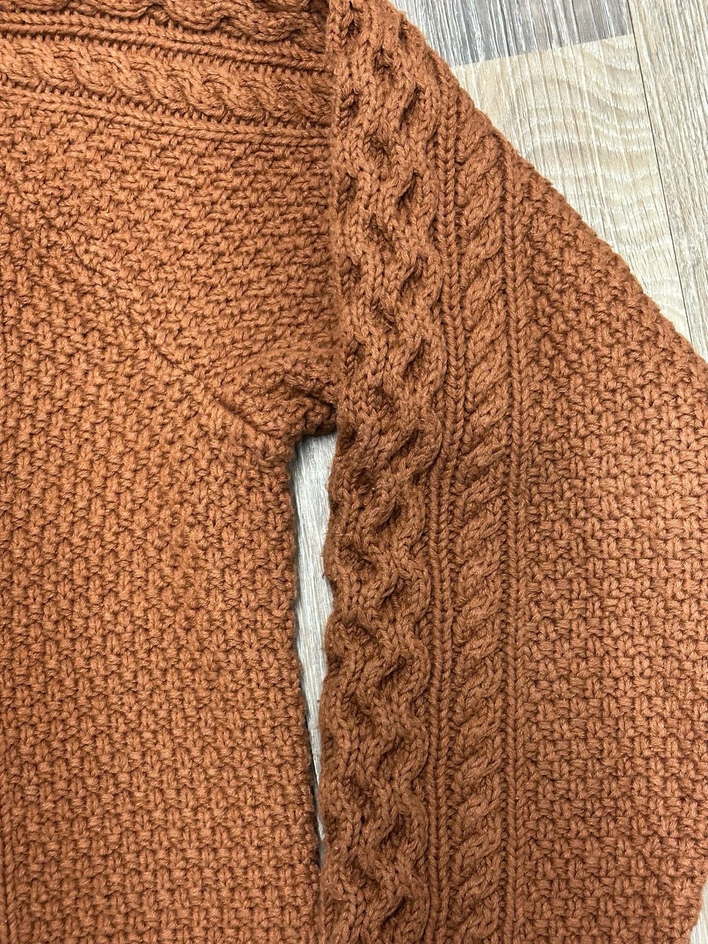 L.L. Bean Signature Mens Large Rust Brown Cable Knit Colorblock Aran Sweater 4