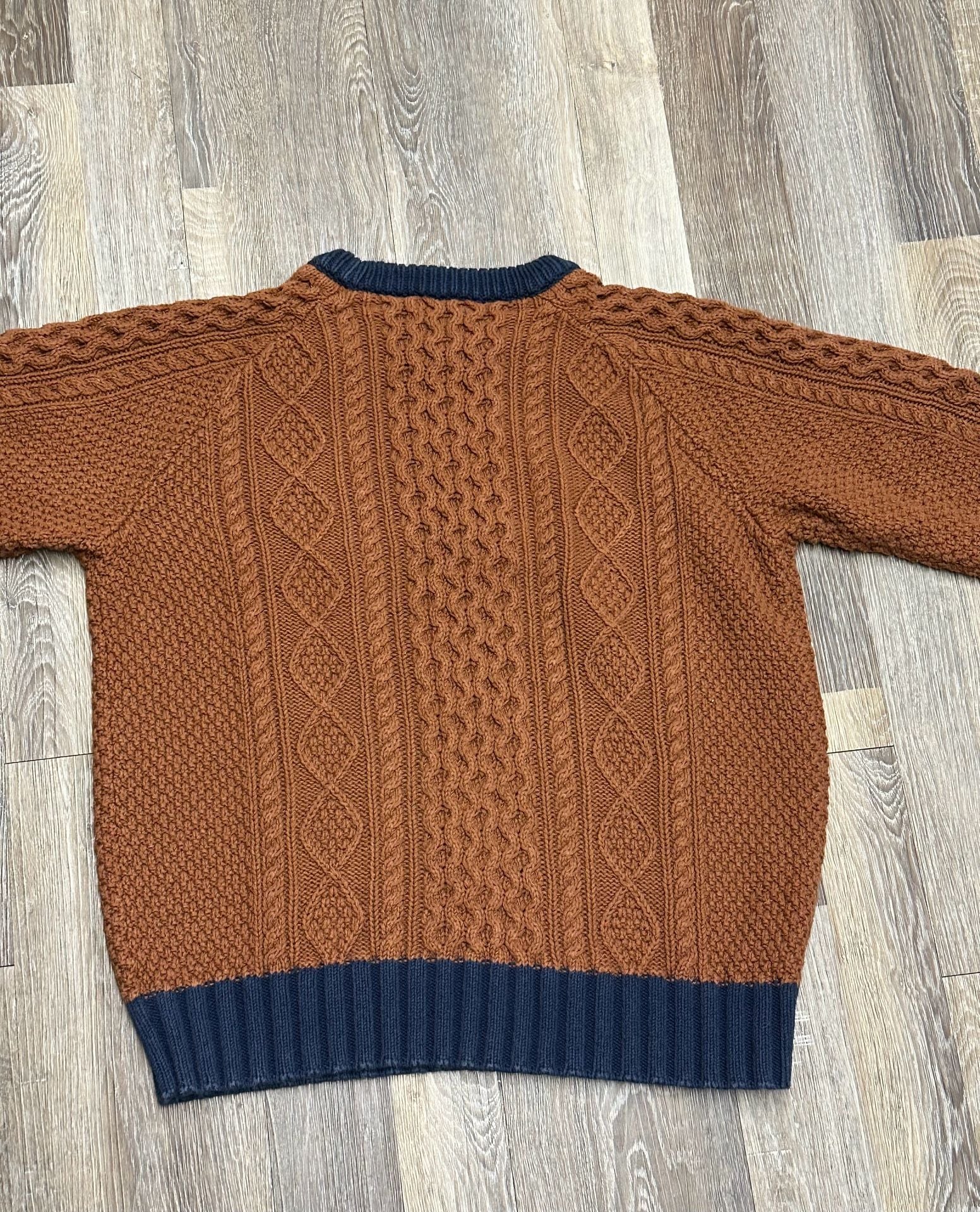 L.L. Bean Signature Mens Large Rust Brown Cable Knit Colorblock Aran Sweater 6