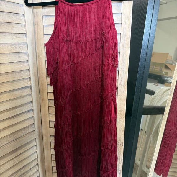 EUC White House Black Market Dark Red Tiered Fringe Sleeveless Dress Size S
