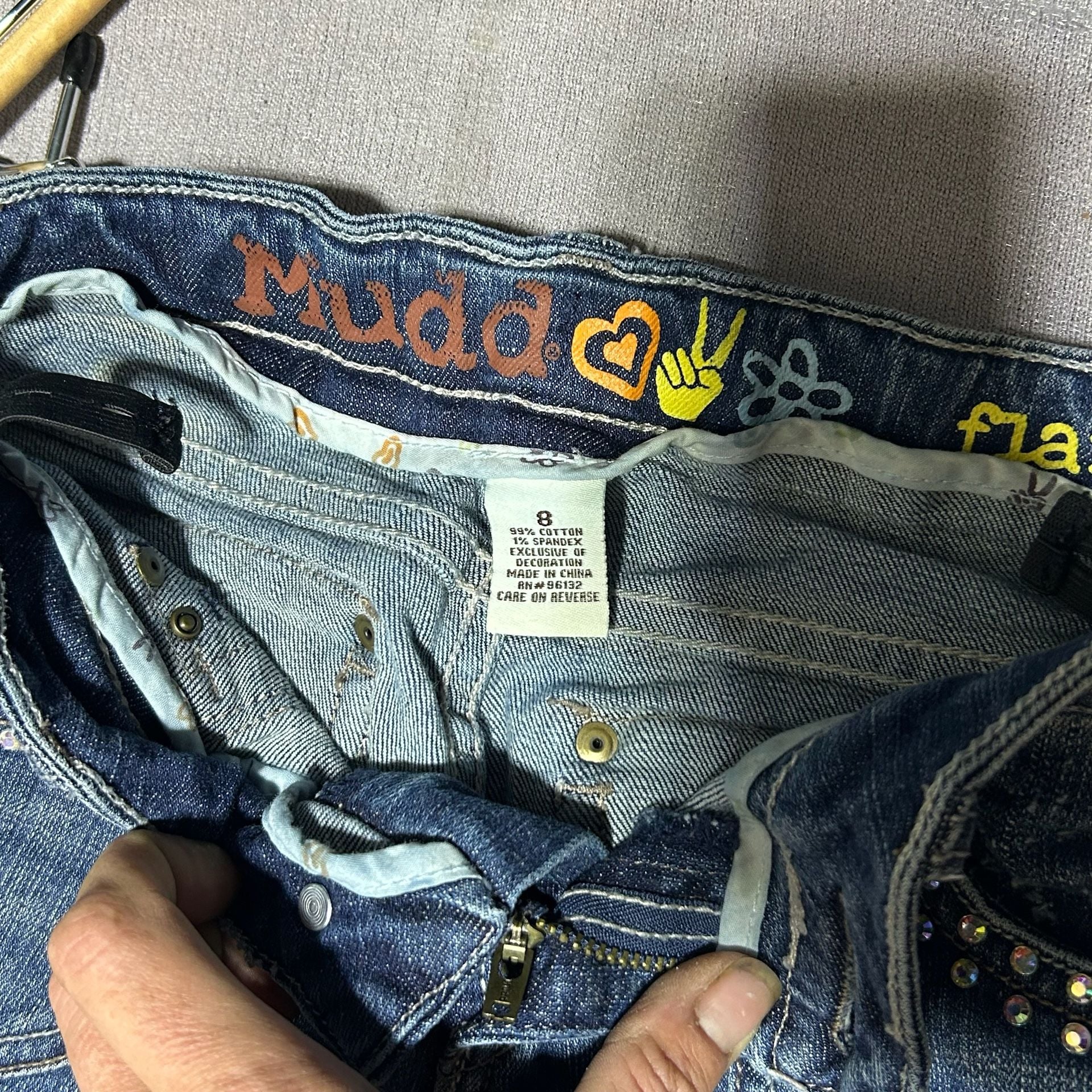 Mudd Girls Size 8 Rhinestone Embellished Flare Leg Blue Jeans Y2K Style 14
