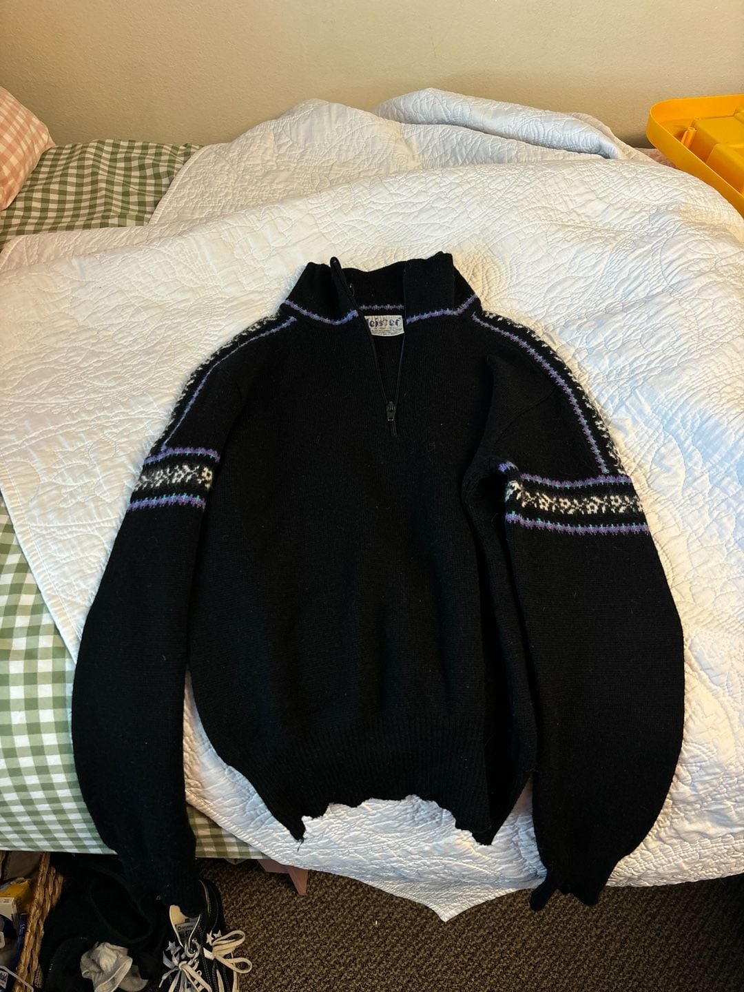 Vintage Meister 1/4 Zip Wool Blend Nordic Ski Sweater Black with Purple and White Accents 1