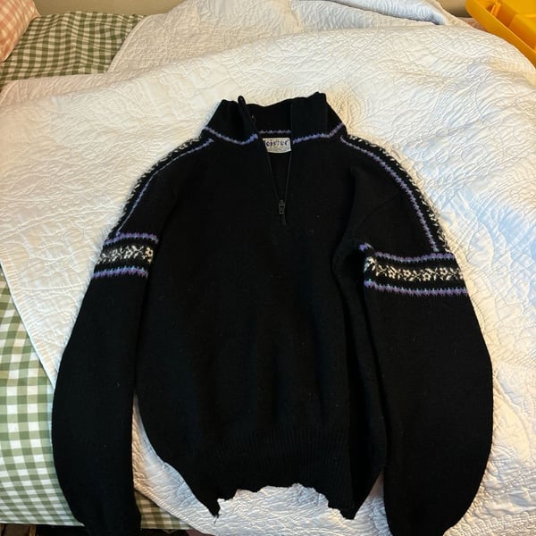 Vintage Meister 1/4 Zip Wool Blend Nordic Ski Sweater Black with Purple and White Accents