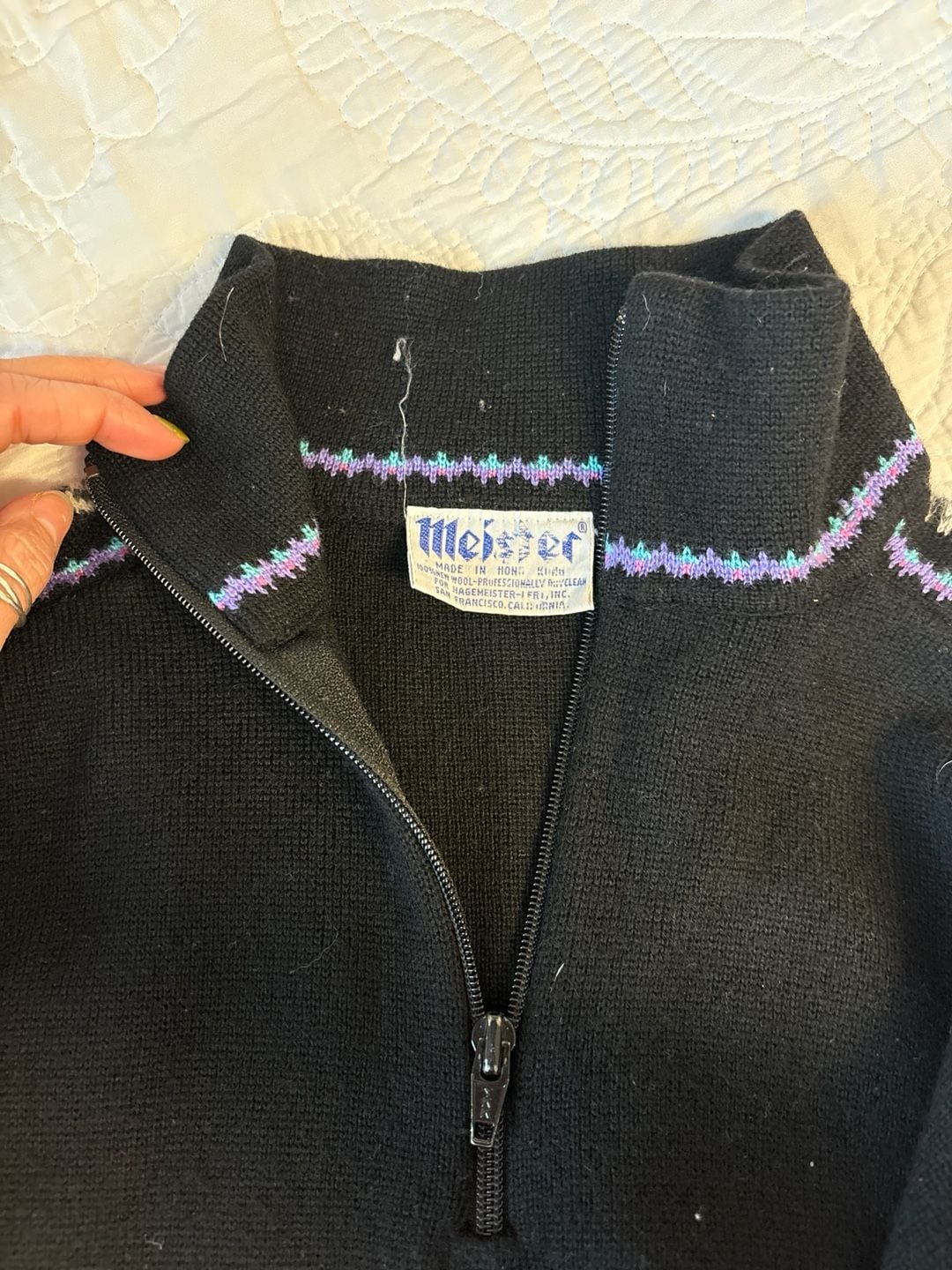 Vintage Meister 1/4 Zip Wool Blend Nordic Ski Sweater Black with Purple and White Accents 2