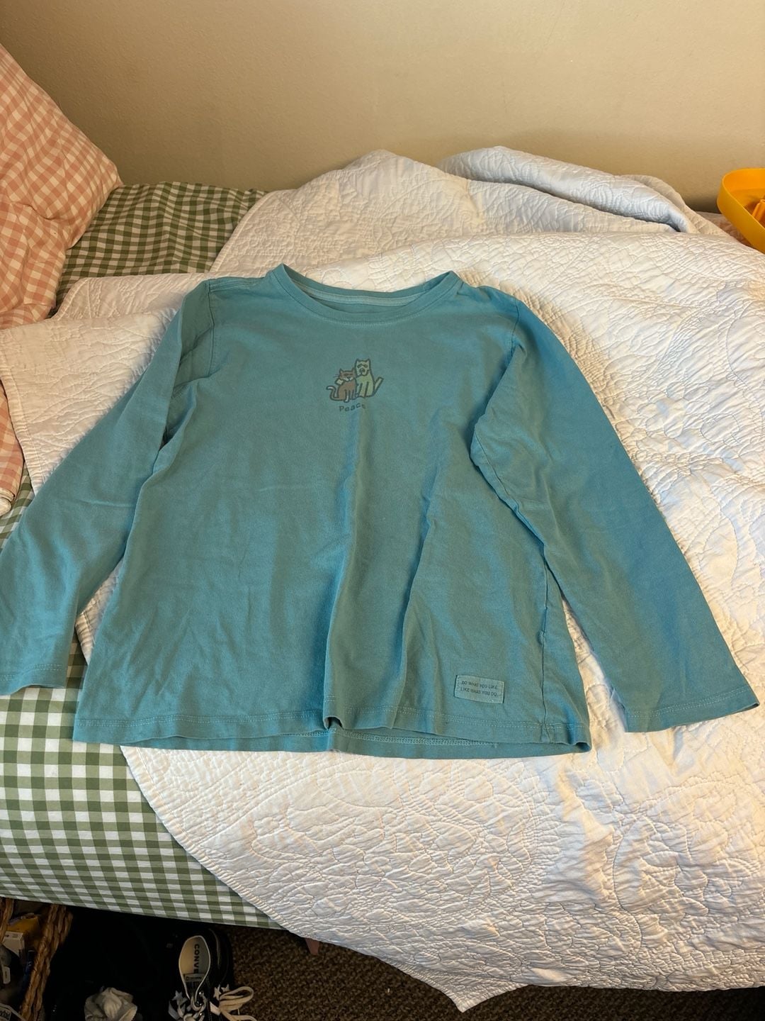 Life is Good Long Sleeve Peace Cat and Dog Graphic T-Shirt Blue-Green 1