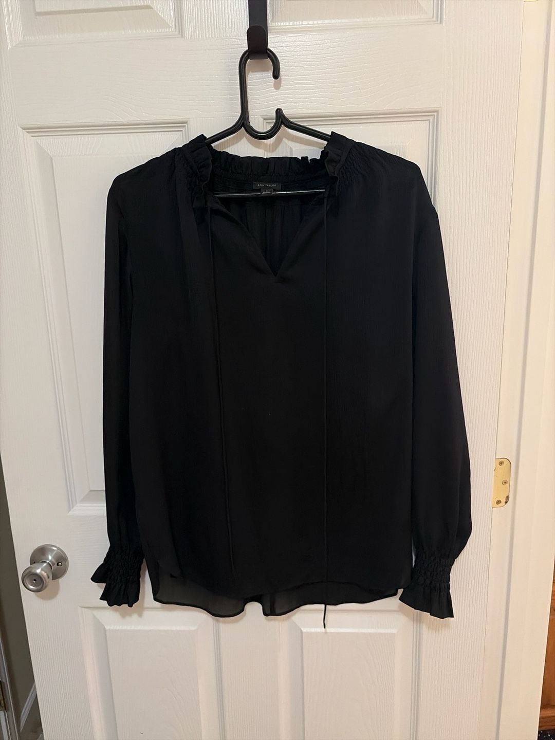 Ann Taylor Smocked Ruffle Neck Long Sleeve Tie Blouse Black Size M Black 2