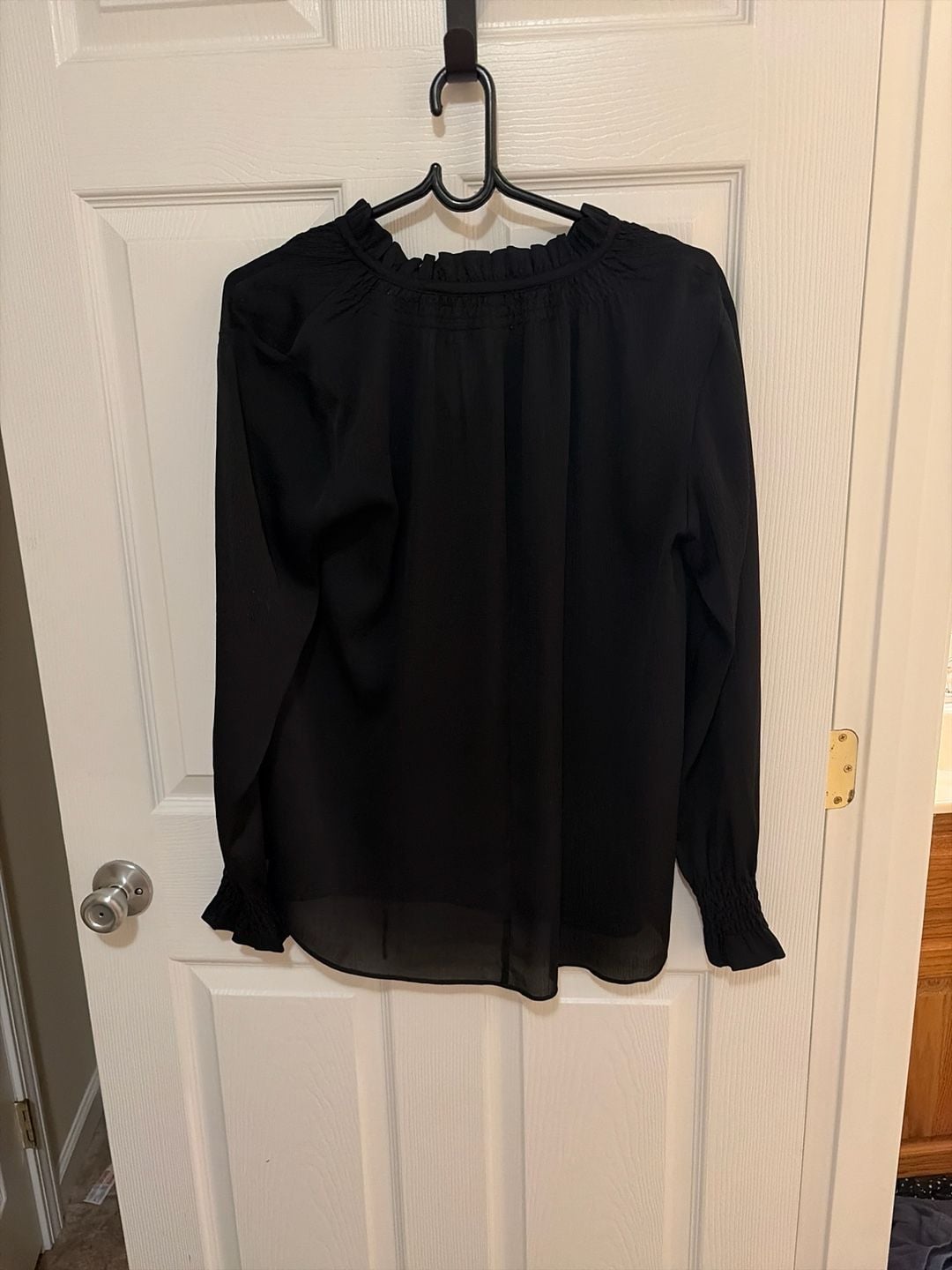 Ann Taylor Smocked Ruffle Neck Long Sleeve Tie Blouse Black Size M Black 5