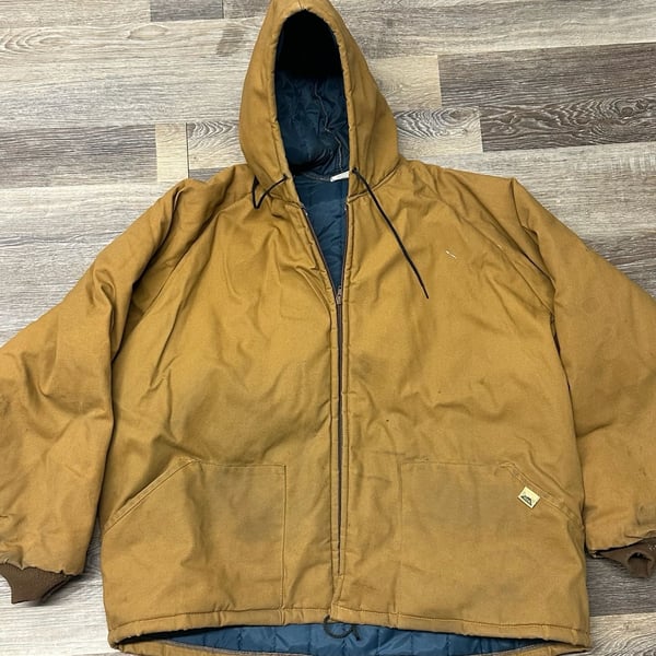Vintage Ideal Made in USA Brown Canvas Quilt Lined Hooded Work Jacket Size 3X