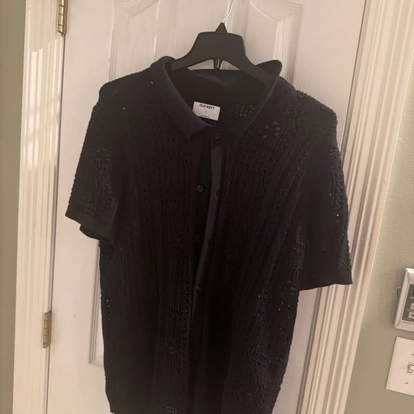 Old Navy Men's Black Open-Knit Crochet Pointelle Polo Sweater Shirt