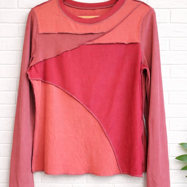 Casual Expose Seam Color Block Ribbed Knit Top Maroon