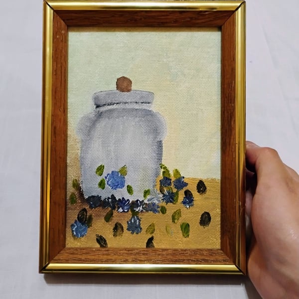Vintage Style Still Life | Blue Floral & Stoneware Jar | Framed 5x7
