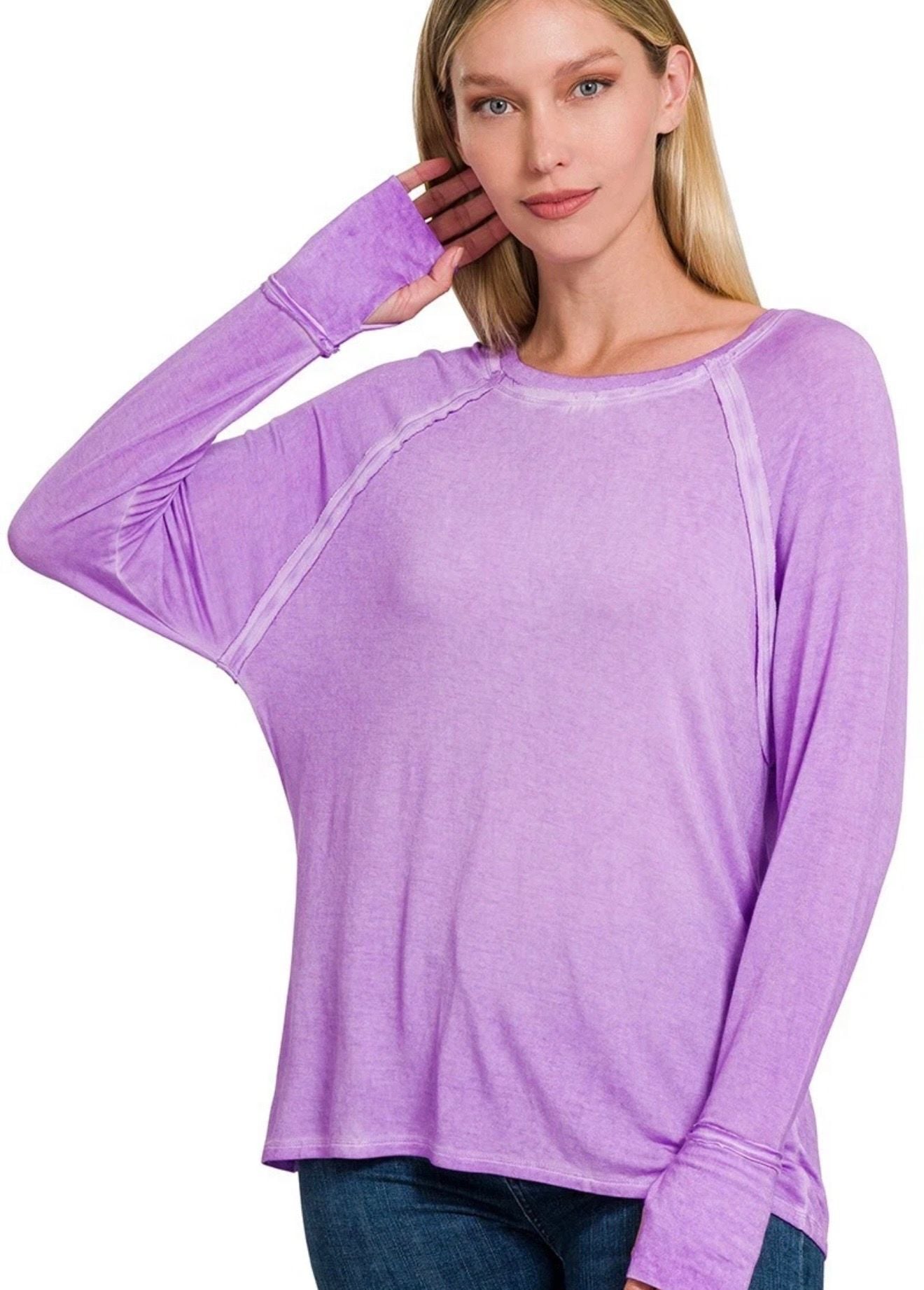 Zenana Mineral Washed Scoop Neck Long Sleeve Top with Thumbholes 2