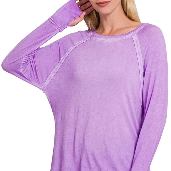 Zenana Mineral Washed Scoop Neck Long Sleeve Top with Thumbholes