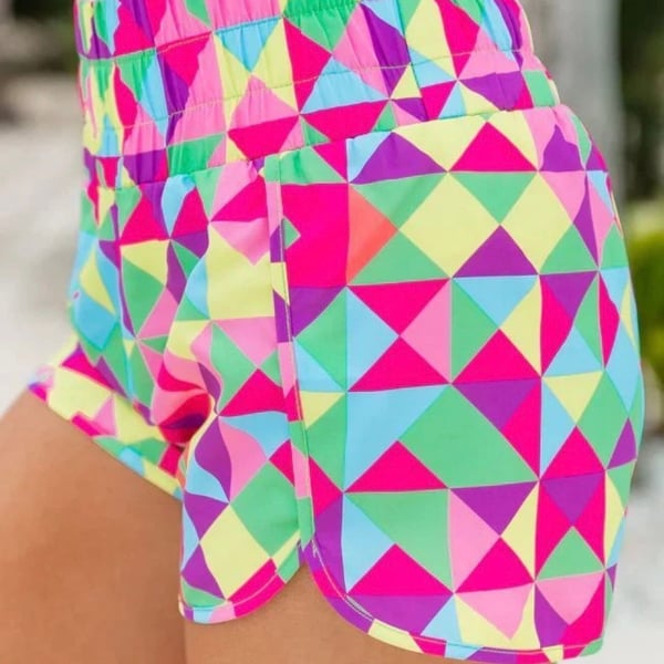 Multicolor Geometric High Waisted Athletic Shorts
