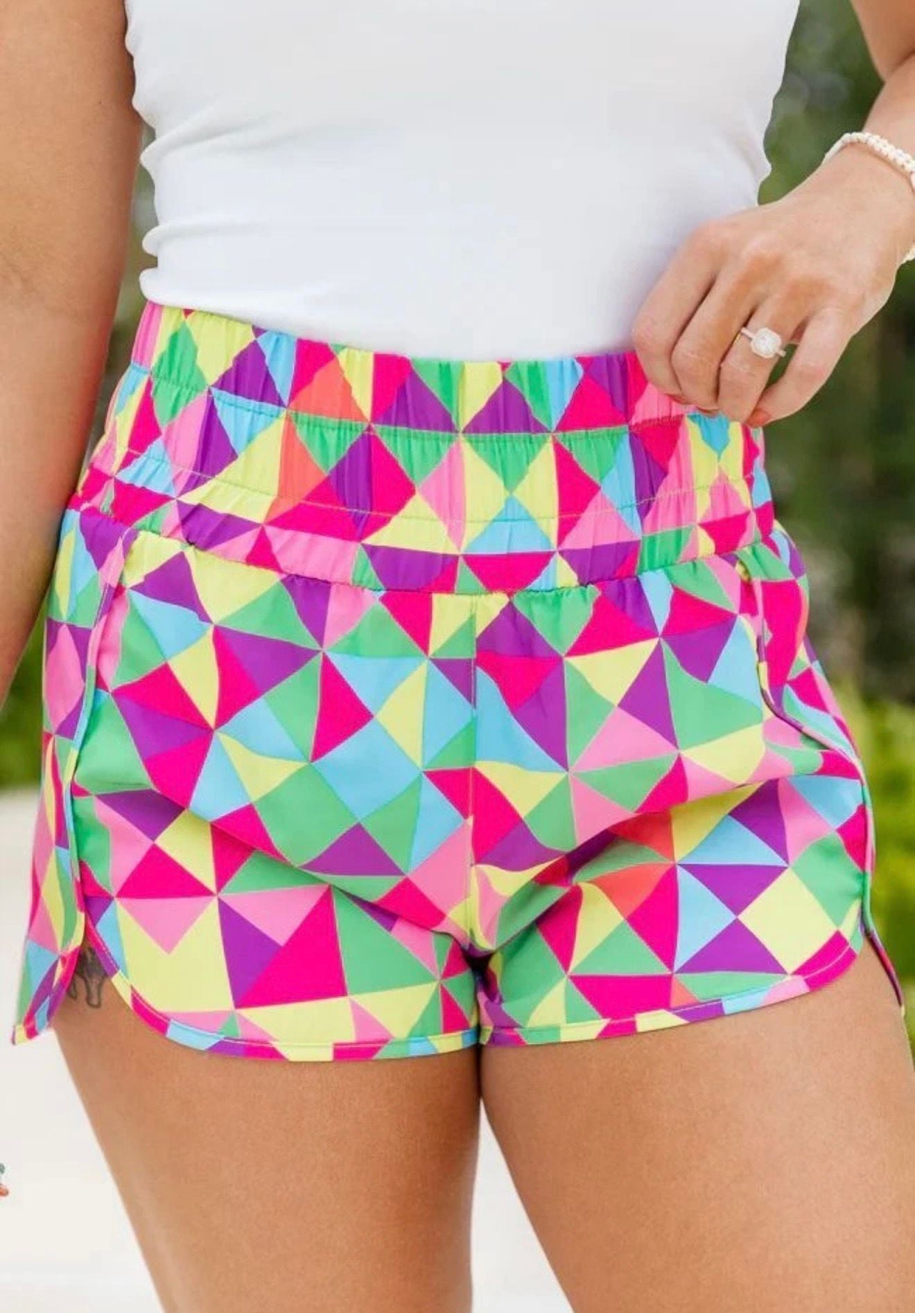 Multicolor Geometric High Waisted Athletic Shorts 3