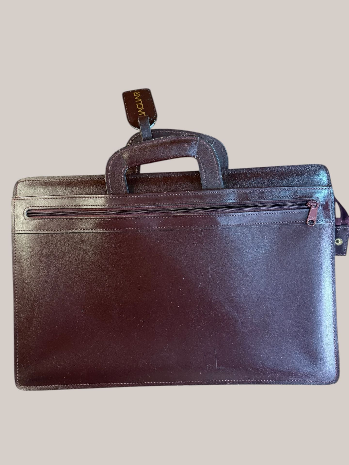 Jaguar Leather Portfolio Briefcase Document Bag Burgundy Gold Hardware 1