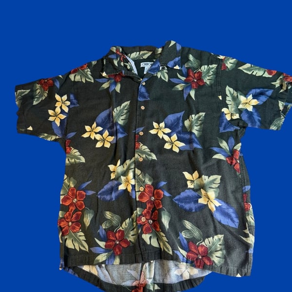 Cherokee Vintage Mens XL Floral Hawaiian Shirt Cotton Rayon Blend Black Tropical