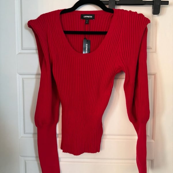 Express Red Ribbed Square Neck Puff Shoulder Long Sleeve Sweater