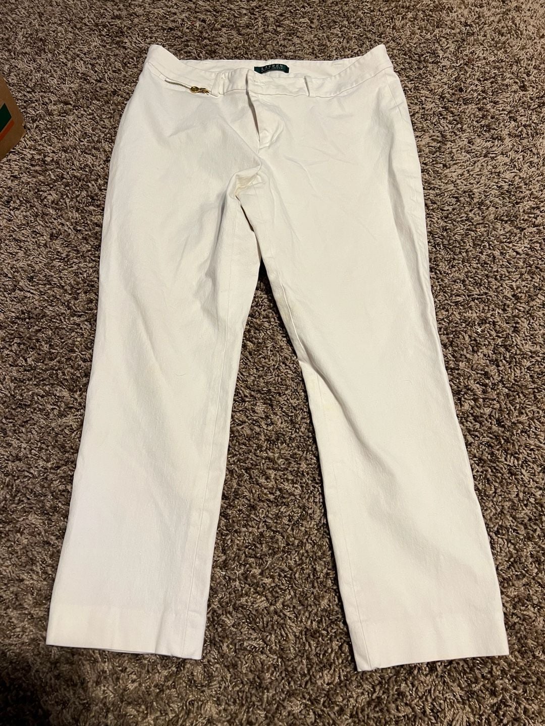 Lauren Ralph Lauren White Mid-Rise Straight Leg Chino Pants with Gold Zip Detail Size 10 2