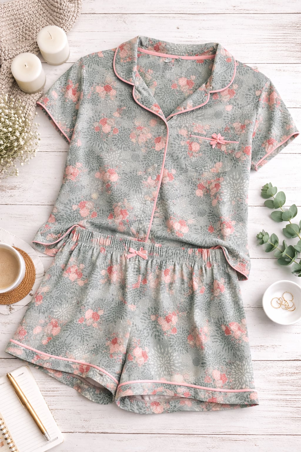 Cynthia Rowley Floral Short Pajama Set 2-Piece PJs Green and Pink Size Large 1