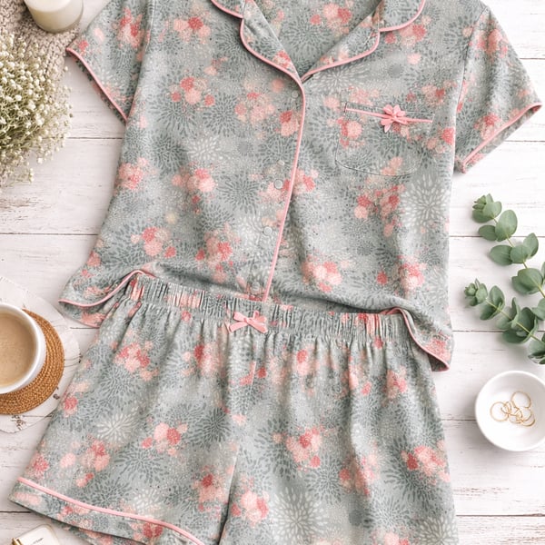 Cynthia Rowley Floral Short Pajama Set 2-Piece PJs Green and Pink Size Large