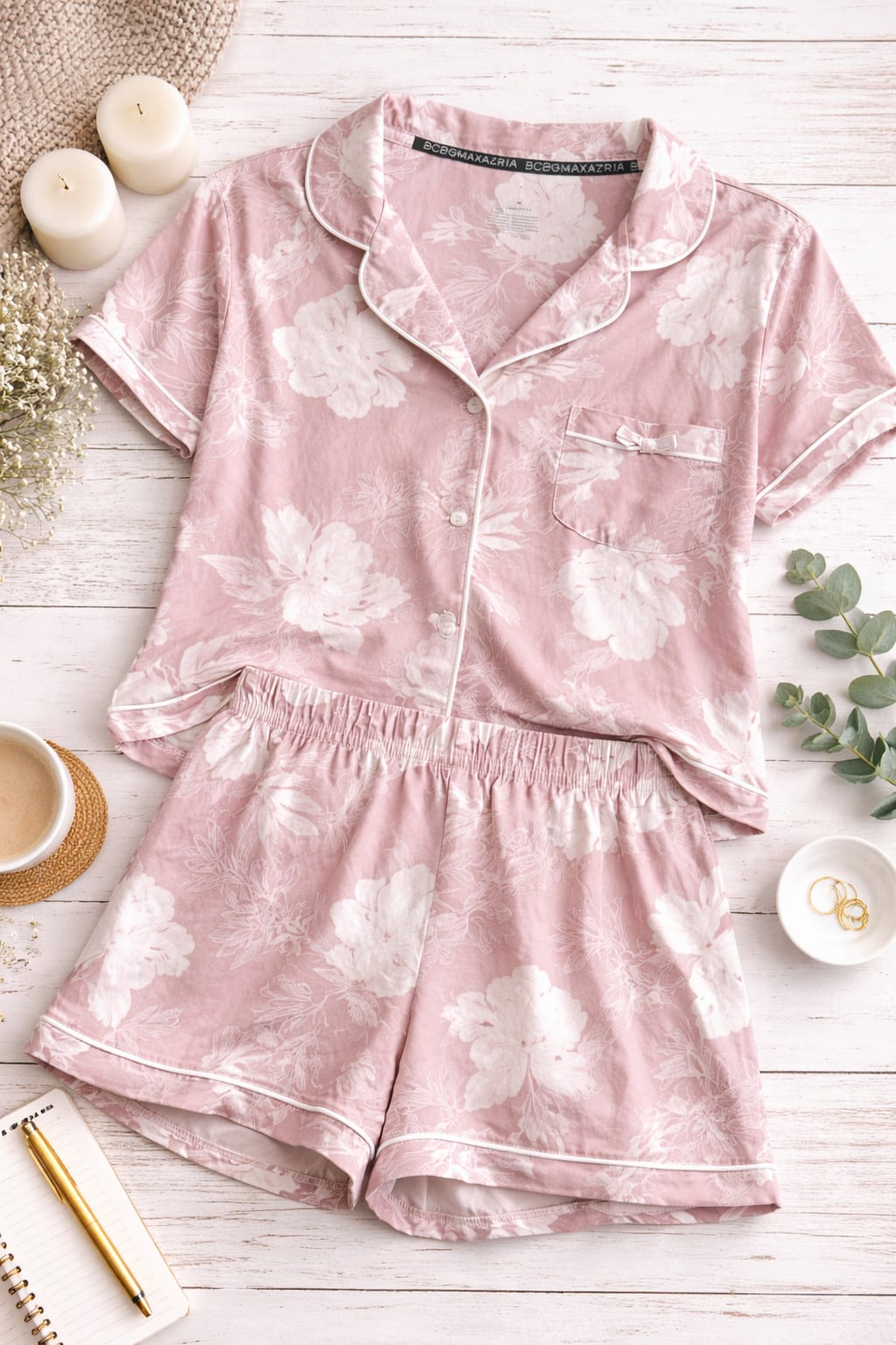 BCBGMaxAzria Women's 2-Piece Short Sleeve Notch Collar Pajama Set, Mauve Floral 1