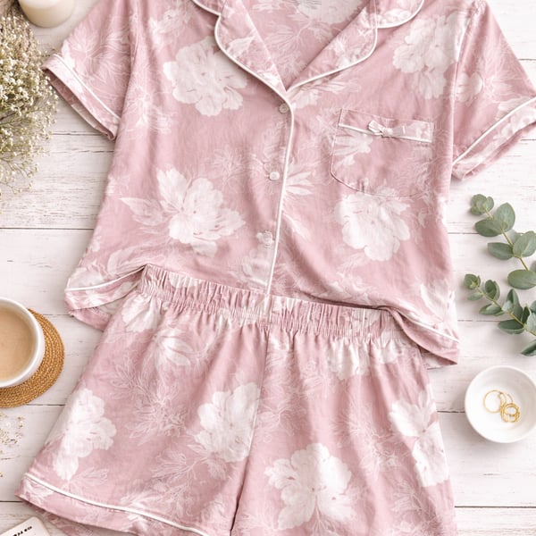 BCBGMaxAzria Women's 2-Piece Short Sleeve Notch Collar Pajama Set, Mauve Floral