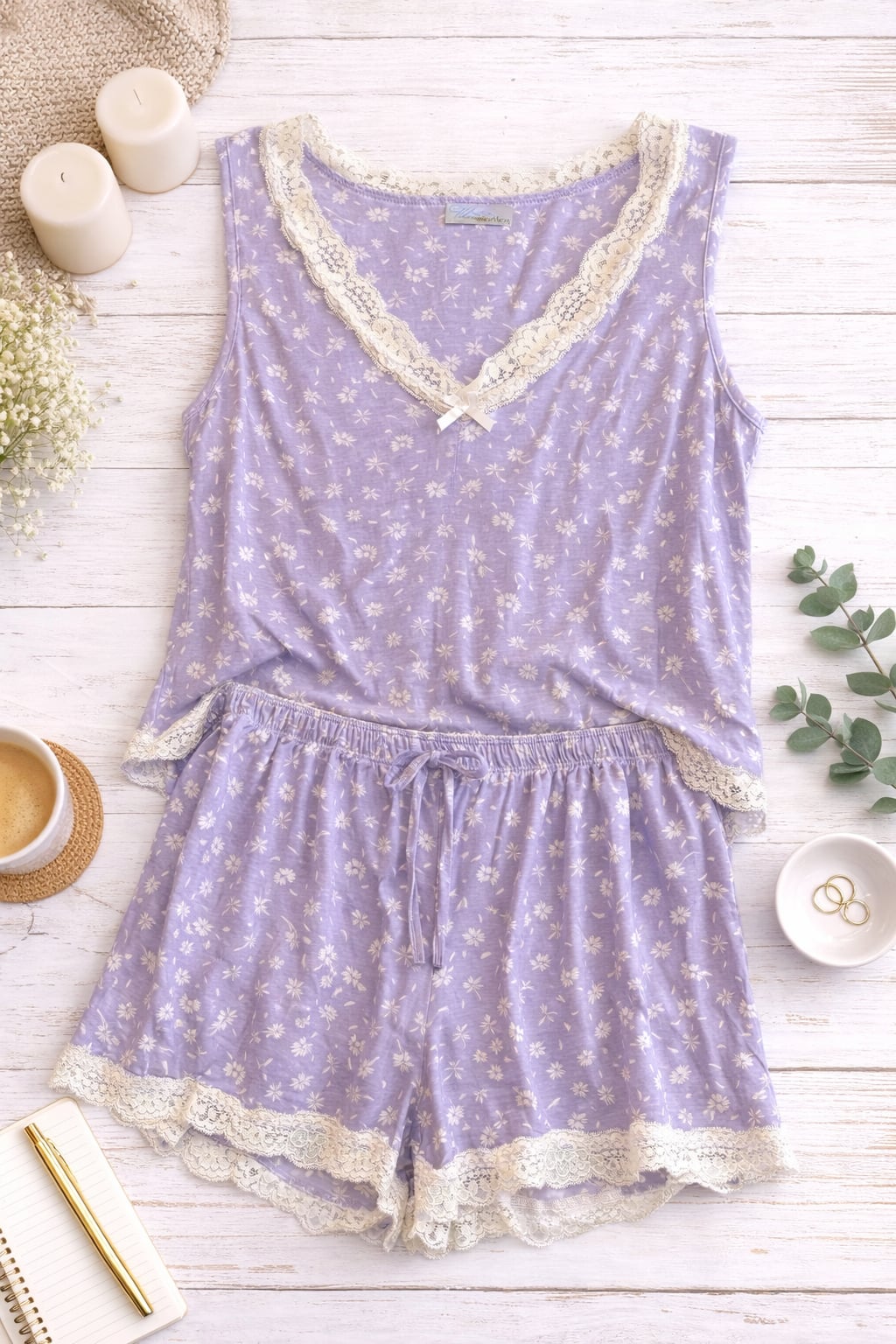 Velvet Kitten Purple Floral Lace Trim Cami and Short Pajama Set 1