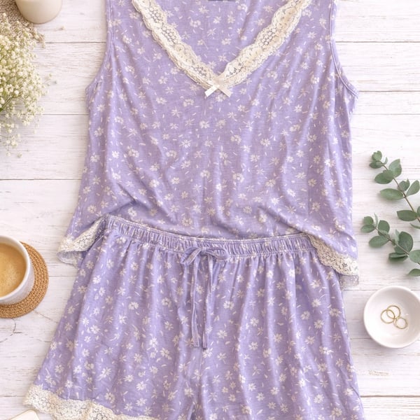 Velvet Kitten Purple Floral Lace Trim Cami and Short Pajama Set