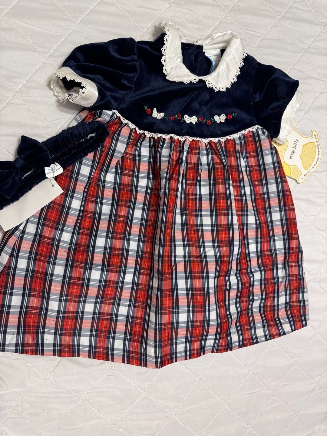 New with Tags Little Bitty Baby Girl 24M Navy Velvet/Red Plaid Christmas Dress w/ Matching Headband 1