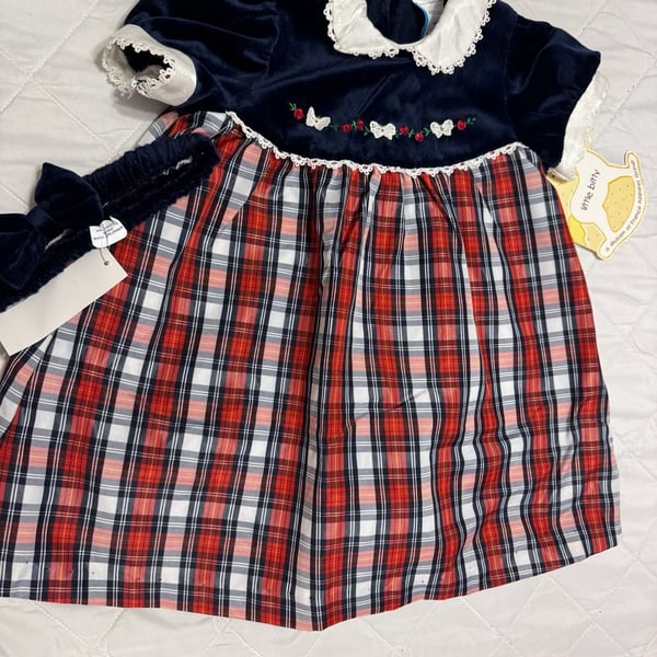 New with Tags Little Bitty Baby Girl 24M Navy Velvet/Red Plaid Christmas Dress w/ Matching Headband