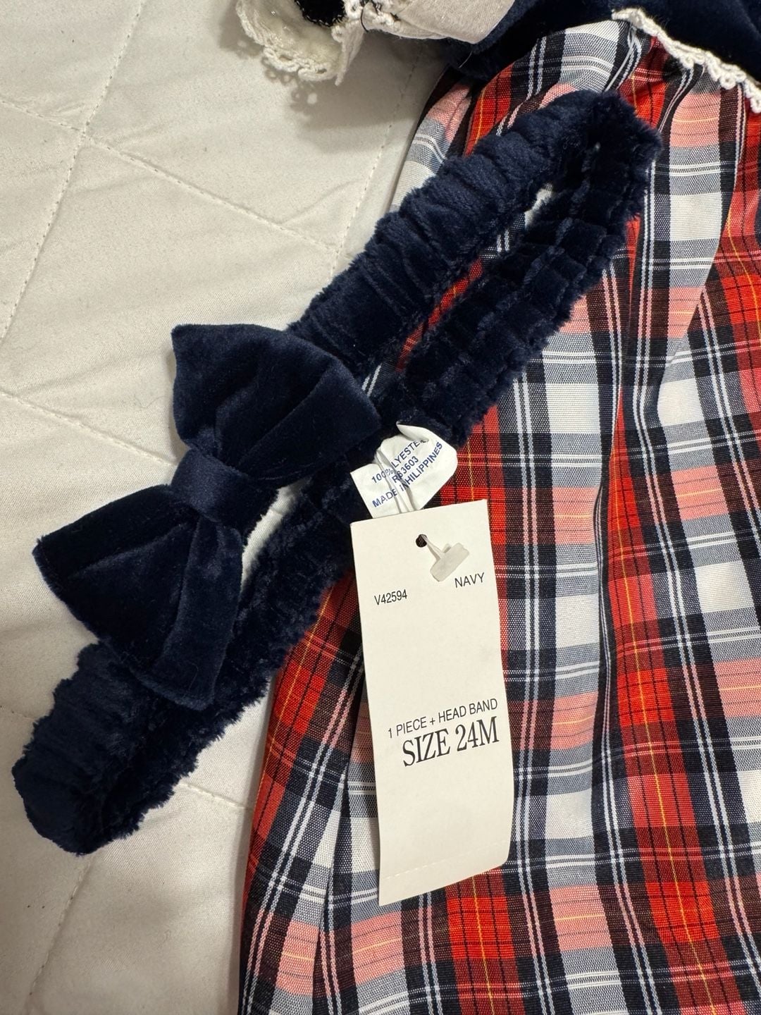 New with Tags Little Bitty Baby Girl 24M Navy Velvet/Red Plaid Christmas Dress w/ Matching Headband 4