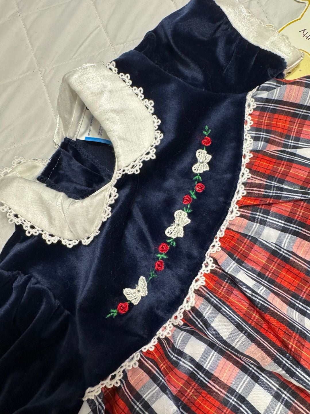 New with Tags Little Bitty Baby Girl 24M Navy Velvet/Red Plaid Christmas Dress w/ Matching Headband 5