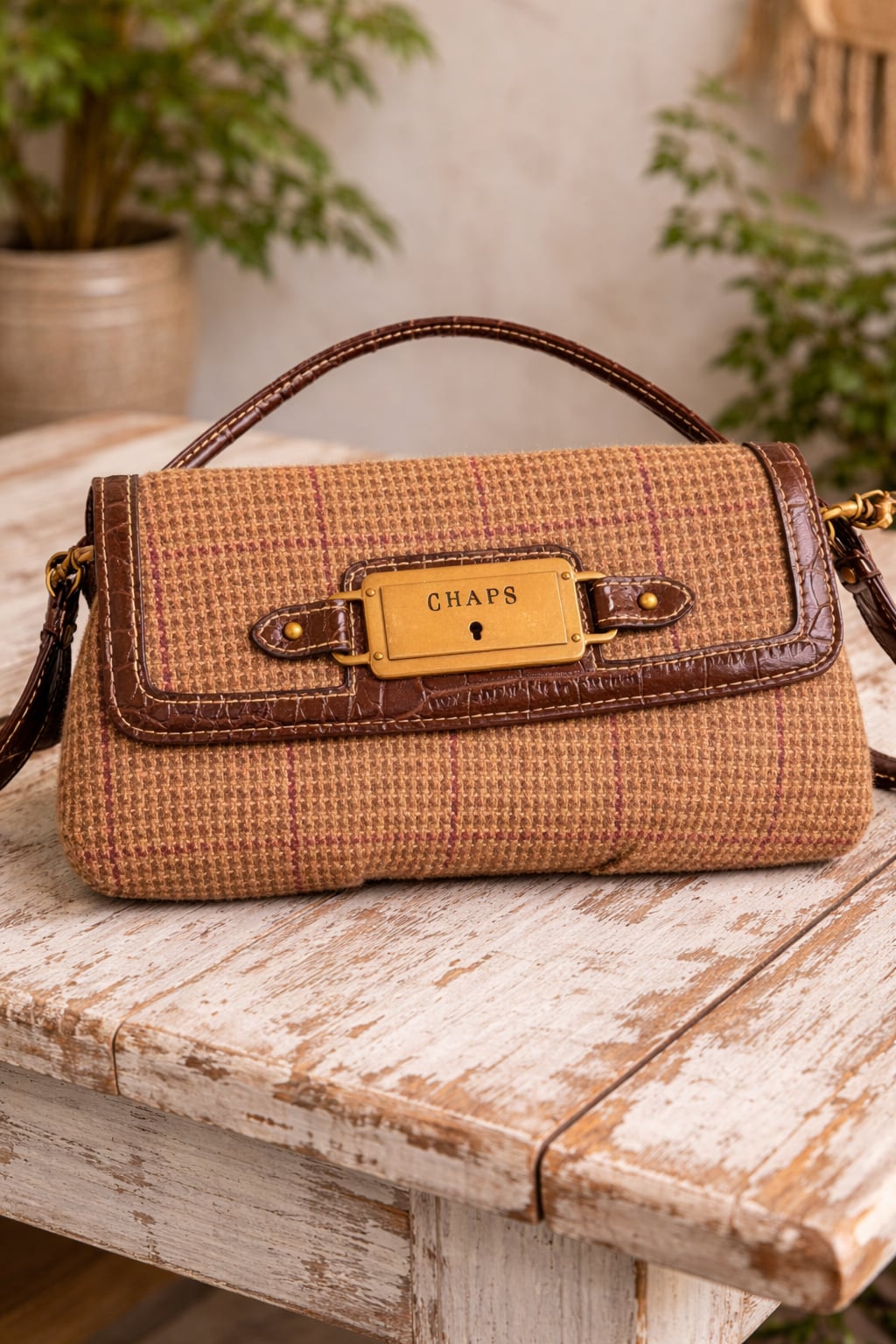 Chaps Plaid Tweed Crossbody Purse with Croc-Embossed Faux Leather Trim 2