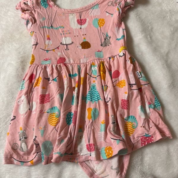 Play by Little Sleepies Happy Birthday Pink Bamboo Viscose Twirl Bodysuit Dress 18-24 Months