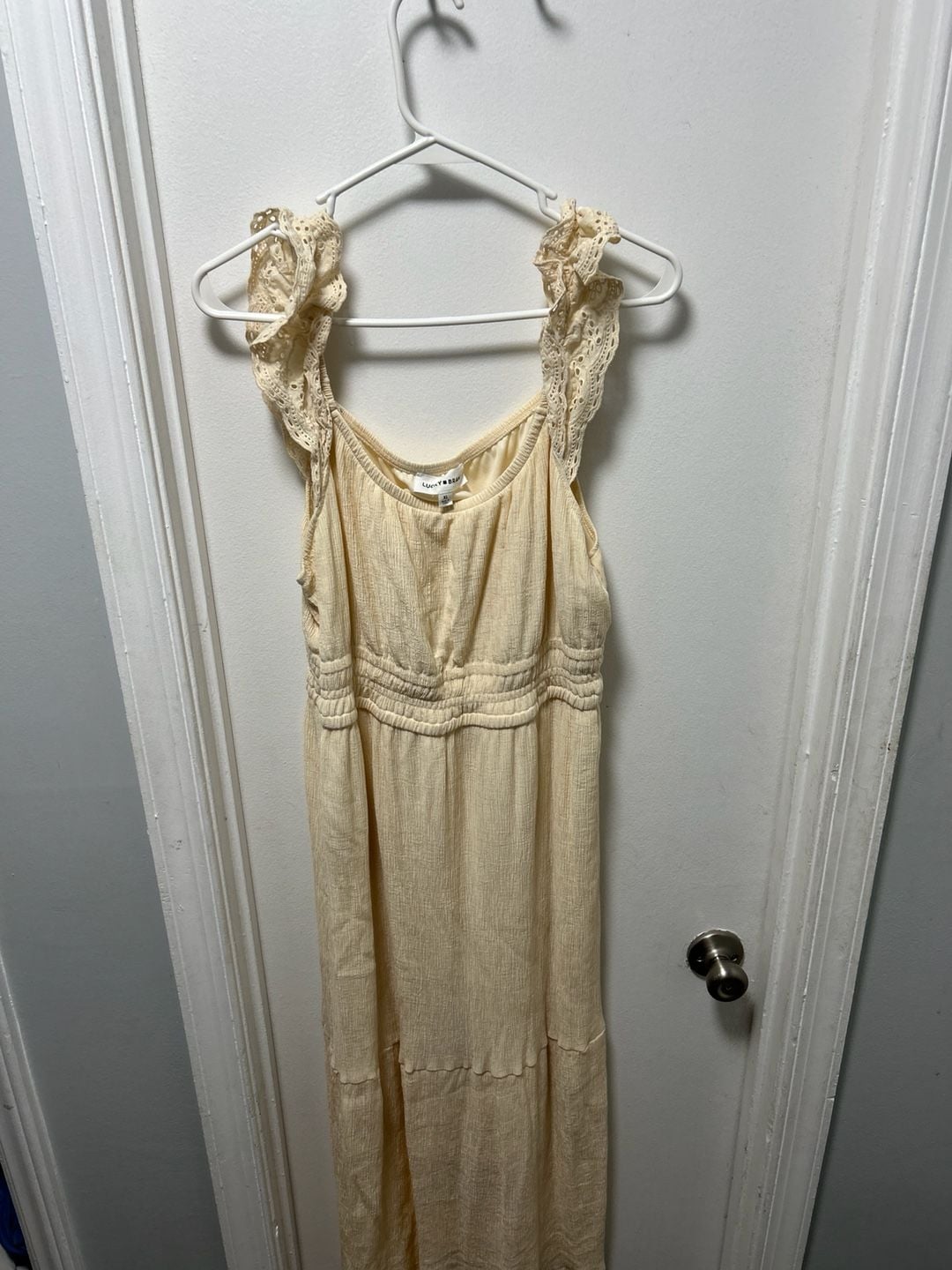 Lucky Brand Cream Crinkle Gauze Ruffle Eyelet Strap Maxi Dress XL 3