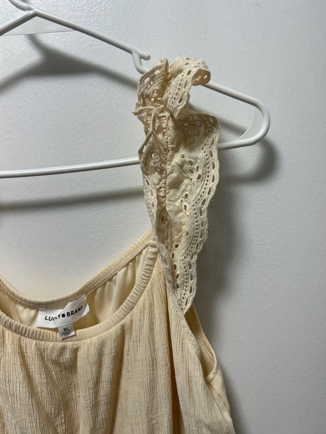 Lucky Brand Cream Crinkle Gauze Ruffle Eyelet Strap Maxi Dress XL 4