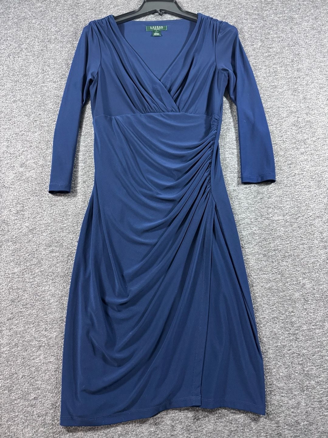 Lauren Ralph Lauren Navy Blue Faux Wrap Ruched Long Sleeve Midi Jersey Dress Size 4 3