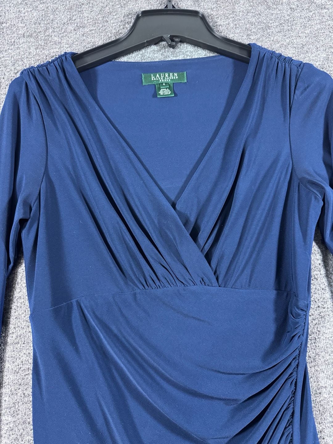 Lauren Ralph Lauren Navy Blue Faux Wrap Ruched Long Sleeve Midi Jersey Dress Size 4 5