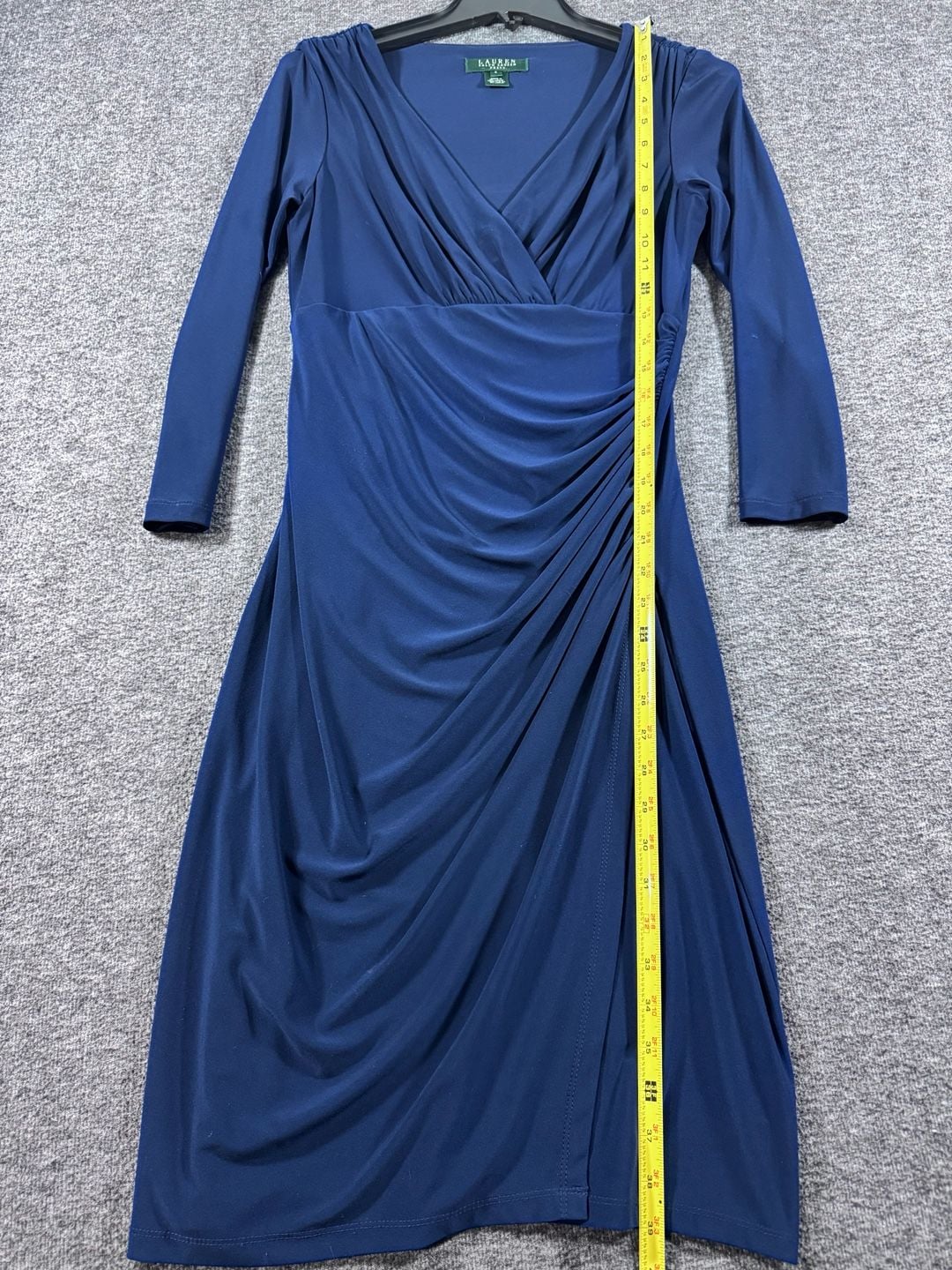 Lauren Ralph Lauren Navy Blue Faux Wrap Ruched Long Sleeve Midi Jersey Dress Size 4 6