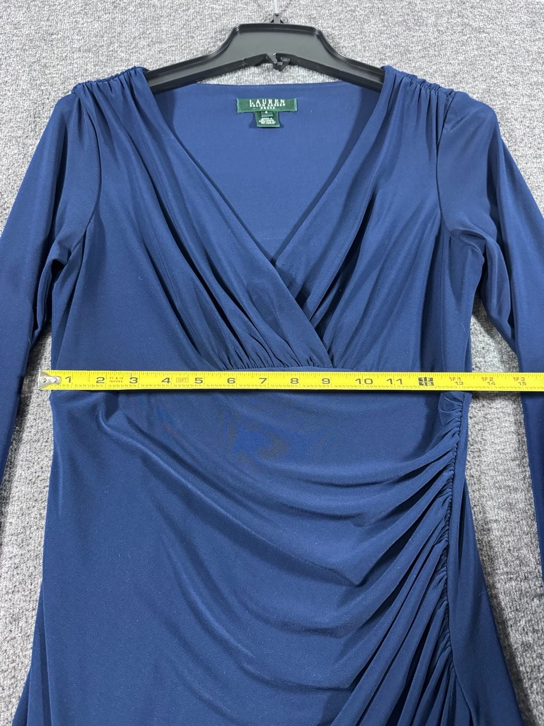 Lauren Ralph Lauren Navy Blue Faux Wrap Ruched Long Sleeve Midi Jersey Dress Size 4 7