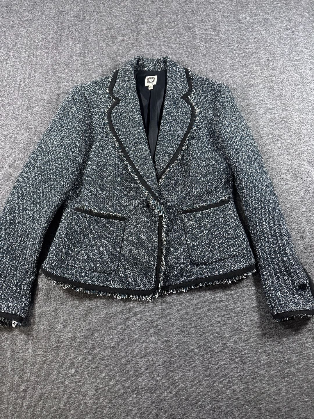 Anne Klein Blue and White Tweed Fringe Trim One-Button Blazer Size 8 3
