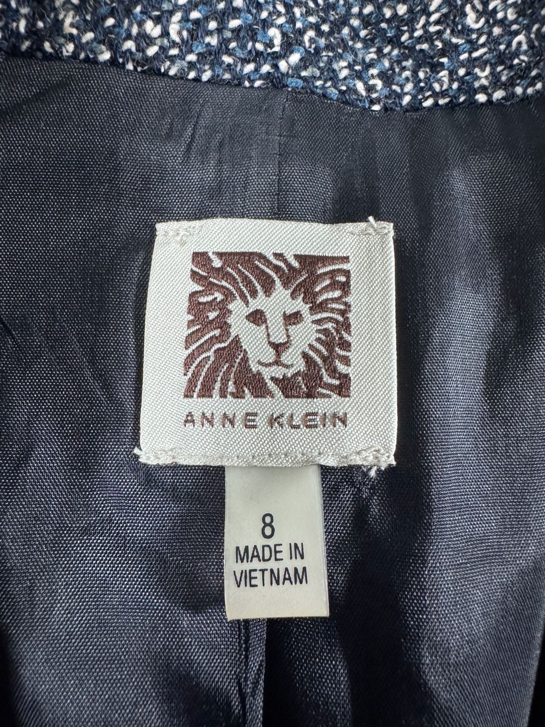 Anne Klein Blue and White Tweed Fringe Trim One-Button Blazer Size 8 4